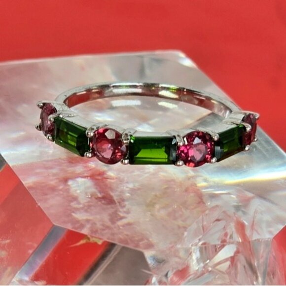 925 Sterling Silver Ring with Natural Chrome Diopside & Rhodolite Garnet Gems - Picture 1 of 7